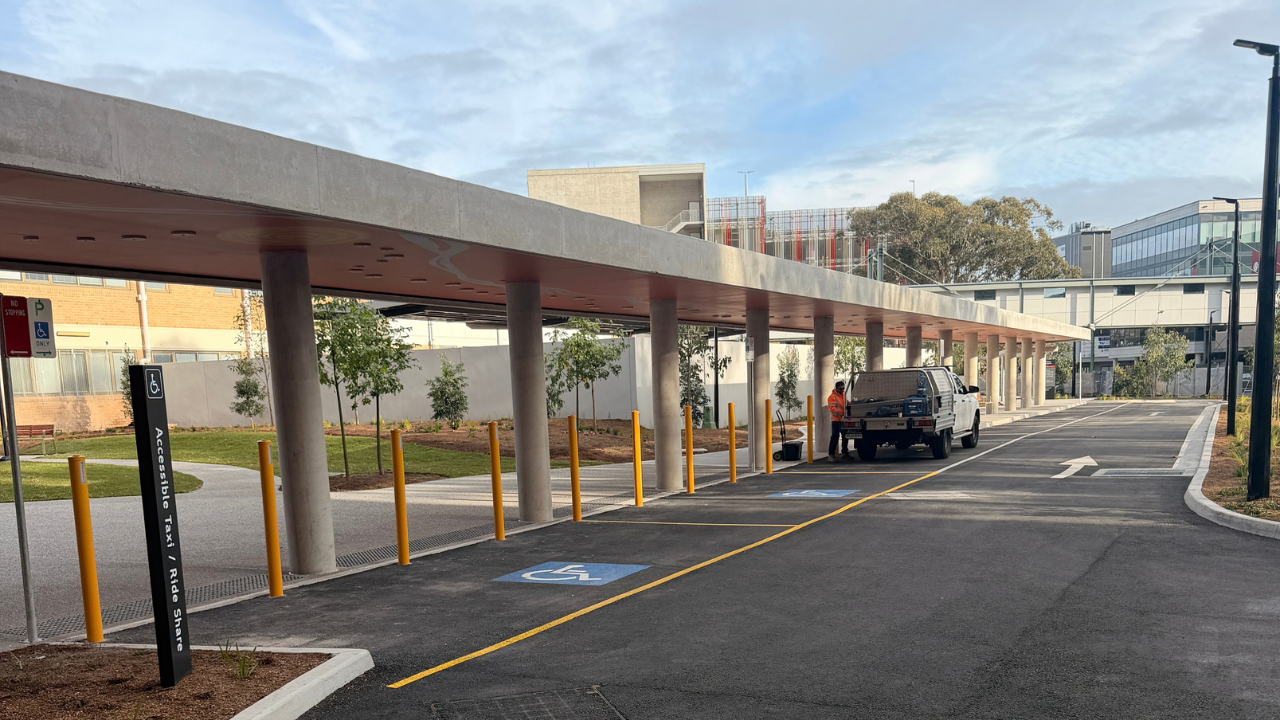 Car park canopy at Nepean Hospital, Penrith NSW, where loose rooftop ballast was stabilised by StoneSet